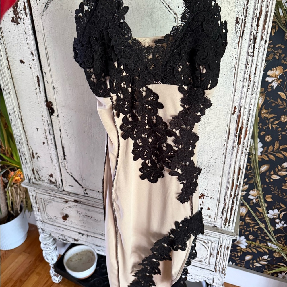 Elegant Black Lace Trimmed Beige Dress
